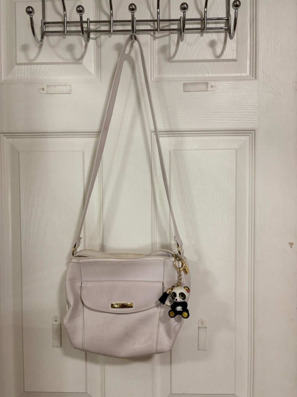 Pale Pink Crossbody Bag with Gold Accent and Panda Charm